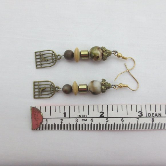 Natural Brown Agate Wood & Brass Dangle Earrings - Picture 4 of 6